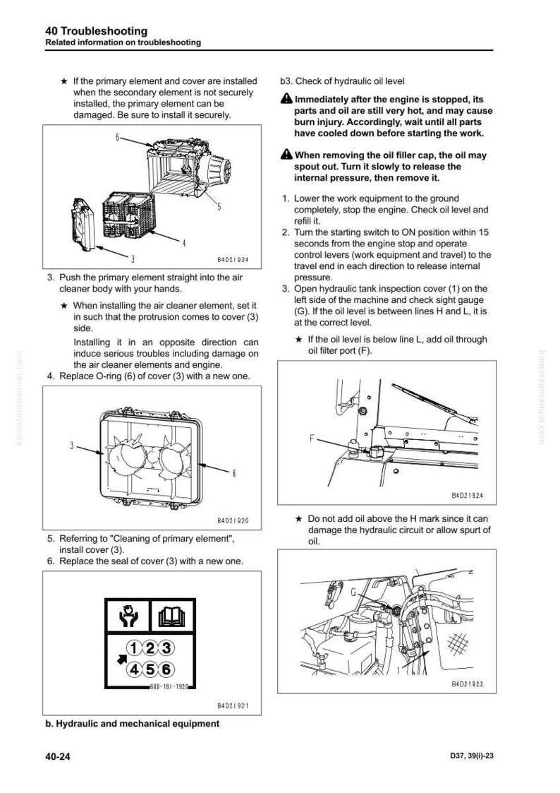 May include: Troubleshooting guide with diagrams for hydraulic and mechanical equipment. Includes instructions for checking oil levels, replacing parts, and installing components. Features numbered steps and illustrations for clarity.