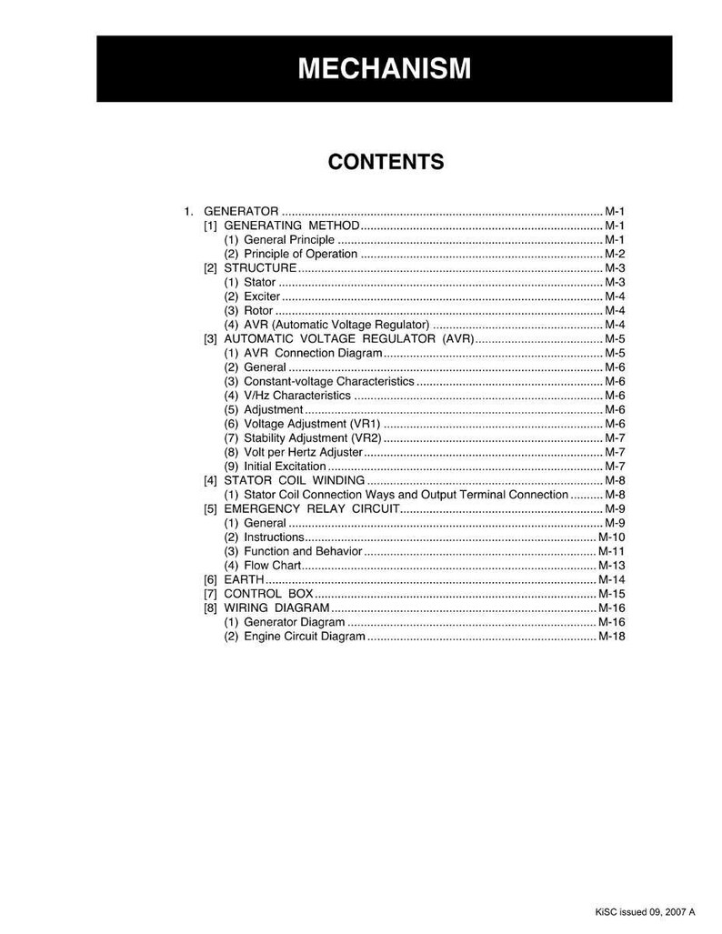 May include: A white page with the title "MECHANISM" at the top and "CONTENTS" below. The page lists various technical topics, including "GENERATOR," "STRUCTURE," and "WIRING DIAGRAM," with corresponding page numbers. The document is dated 2007.
