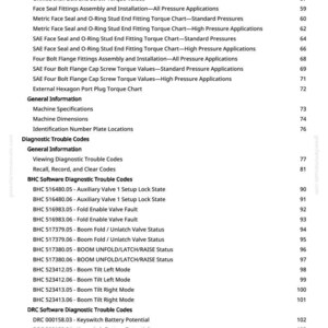 May include: A page from a technical manual with a table of contents. The text includes terms like "Metric Bolt and Screw Torque Values" and "Diagnostic Trouble Codes." The page number is 3.