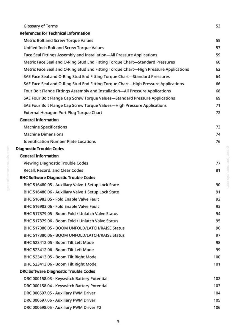 May include: A page from a technical manual with a table of contents. The text includes terms like "Metric Bolt and Screw Torque Values" and "Diagnostic Trouble Codes." The page number is 3.