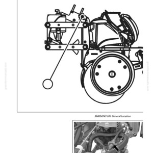 May include: Black and white diagram of a row unit harness interconnect. The diagram includes a detailed illustration of the machinery, with labels and a close-up photo of the general location. Text at the top reads "XX2101 - XX2149 - Row Unit Harness Interconnects."