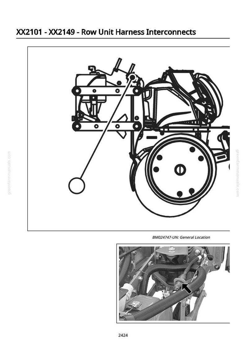 May include: Black and white diagram of a row unit harness interconnect. The diagram includes a detailed illustration of the machinery, with labels and a close-up photo of the general location. Text at the top reads "XX2101 - XX2149 - Row Unit Harness Interconnects."