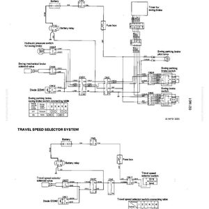 May include: Diagram of a swing parking brake and swing brake system, and a travel speed selector system. The diagram includes labels for components like the battery, fuse box, and solenoid valve. The text includes a connecting table and a timer for the swing brake.
