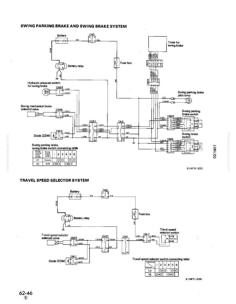 May include: Diagram of a swing parking brake and swing brake system, and a travel speed selector system. The diagram includes labels for components like the battery, fuse box, and solenoid valve. The text includes a connecting table and a timer for the swing brake.