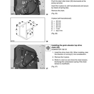 May include: Diagrams and instructions for removing and installing a grain elevator top drive chain (30) on a DOMINATOR 108 VX. Includes measurements for a U-piece: A=46 mm, B=30 mm, C=38 mm, D=35 mm, E=7 mm, F=dia.4 mm. The image also shows the chain and related components.