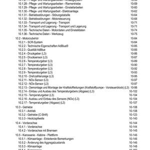 May include: A page from a manual with a table of contents, listing various automotive maintenance and repair topics. The headings are in German, covering areas like engine components, transmission, and air conditioning, with corresponding page numbers.
