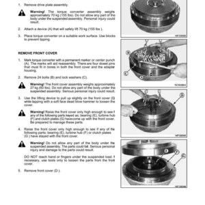 May include: Diagram of a transmission disassembly and assembly process. The image includes step-by-step instructions with illustrations, including removing the drive plate, front cover, and associated components. Text includes warnings about weight and potential injury.