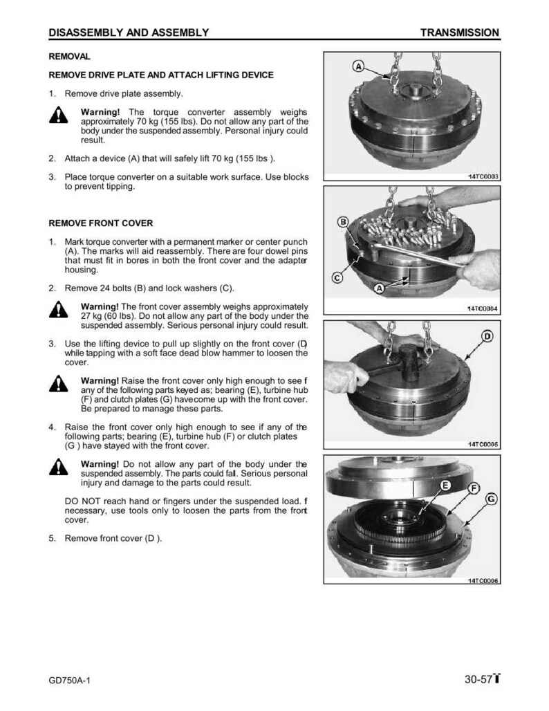 May include: Diagram of a transmission disassembly and assembly process. The image includes step-by-step instructions with illustrations, including removing the drive plate, front cover, and associated components. Text includes warnings about weight and potential injury.