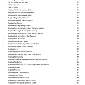 K&ouml;nnte beinhalten: Eine Seite aus einem Handbuch mit einer Liste von elektrischen Systemkomponenten und anderen Teilen f&uuml;r einen Traktor. Der Text enth&auml;lt Elemente wie "Luftfilter-Restriktionsschalter ersetzen" und "Motor&ouml;ldrucksensor ersetzen".