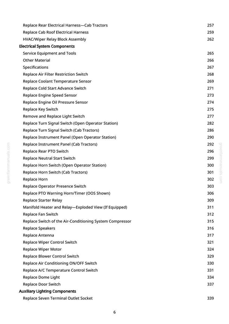 K&ouml;nnte beinhalten: Eine Seite aus einem Handbuch mit einer Liste von elektrischen Systemkomponenten und anderen Teilen f&uuml;r einen Traktor. Der Text enth&auml;lt Elemente wie "Luftfilter-Restriktionsschalter ersetzen" und "Motor&ouml;ldrucksensor ersetzen".