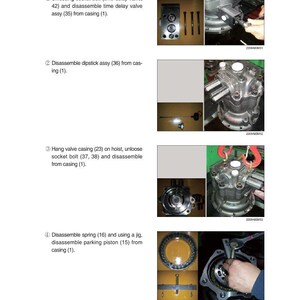 May include: Page from a technical manual detailing the disassembly of mechanical components. The page includes diagrams and instructions for removing parts like drive shafts, dipsticks, and springs. The text includes numbered steps and part numbers.