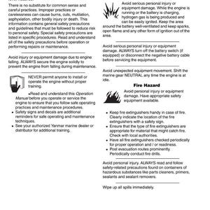 May include: A page from a safety manual detailing safety precautions, including danger and warning sections. The text is accompanied by icons and the Yanmar logo is visible at the bottom of the page.