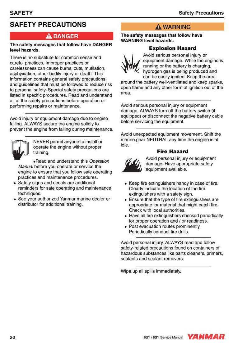 May include: A page from a safety manual detailing safety precautions, including danger and warning sections. The text is accompanied by icons and the Yanmar logo is visible at the bottom of the page.