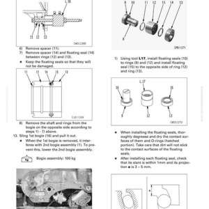 Pu&ograve; includere: Diagramma delle istruzioni di montaggio e smontaggio del carrello. Include illustrazioni di parti come distanziatori, anelli e guarnizioni. Il testo descrive i passaggi di rimozione e installazione, con misure in kN e kg.