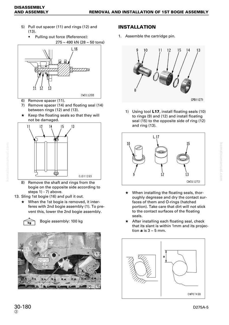 Pu&ograve; includere: Diagramma delle istruzioni di montaggio e smontaggio del carrello. Include illustrazioni di parti come distanziatori, anelli e guarnizioni. Il testo descrive i passaggi di rimozione e installazione, con misure in kN e kg.