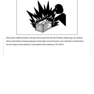 May include: Black and white illustration warning about battery explosions. The image shows a battery with flames and a silhouetted figure. Text reads "Prevent Battery Explosions" and safety instructions.