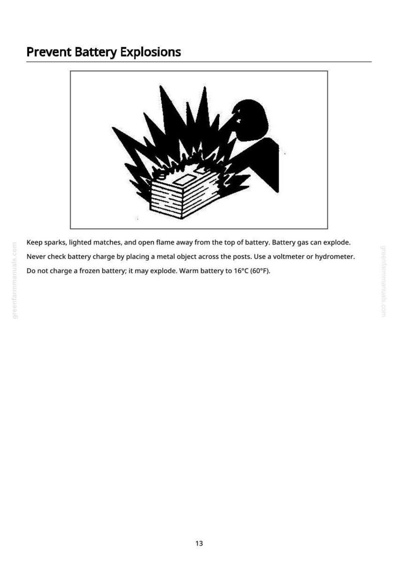 May include: Black and white illustration warning about battery explosions. The image shows a battery with flames and a silhouetted figure. Text reads "Prevent Battery Explosions" and safety instructions.
