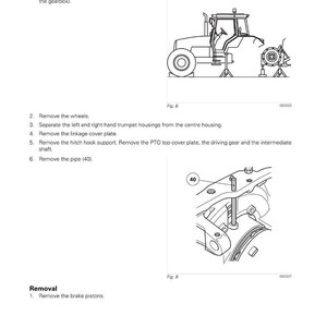 Puede incluir: Diagrama de un manual de Massey Ferguson que detalla la extracci&oacute;n de un conjunto diferencial. La imagen incluye un dibujo lineal de un tractor y vistas de cerca de piezas espec&iacute;ficas, con instrucciones de texto y n&uacute;meros de pieza.