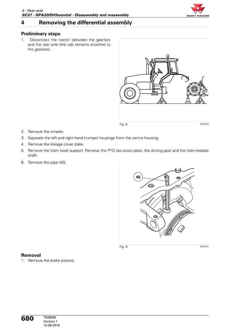 Puede incluir: Diagrama de un manual de Massey Ferguson que detalla la extracci&oacute;n de un conjunto diferencial. La imagen incluye un dibujo lineal de un tractor y vistas de cerca de piezas espec&iacute;ficas, con instrucciones de texto y n&uacute;meros de pieza.