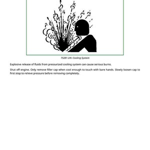 K&ouml;nnte beinhalten: Sicherheitshinweisschild: Schwarze Silhouette einer Person mit einer Explosionsgrafik. Der Text lautet "Service Cooling System Safely" und "TS281-UN: Cooling System". Das Bild warnt vor explosivem Fl&uuml;ssigkeitsaustritt.