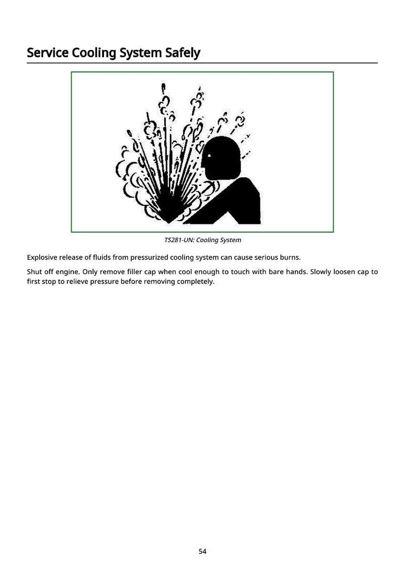 K&ouml;nnte beinhalten: Sicherheitshinweisschild: Schwarze Silhouette einer Person mit einer Explosionsgrafik. Der Text lautet "Service Cooling System Safely" und "TS281-UN: Cooling System". Das Bild warnt vor explosivem Fl&uuml;ssigkeitsaustritt.