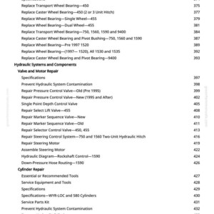 K&ouml;nnte beinhalten: Eine gedruckte Seite aus einem Handbuch mit einem Inhaltsverzeichnis f&uuml;r Radlager, Reifen, Hydrauliksysteme und Zylinderreparatur. Der Text ist schwarz auf wei&szlig;em Hintergrund, mit Seitenzahlen rechts.