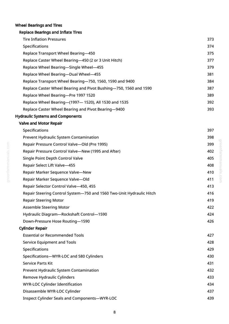 K&ouml;nnte beinhalten: Eine gedruckte Seite aus einem Handbuch mit einem Inhaltsverzeichnis f&uuml;r Radlager, Reifen, Hydrauliksysteme und Zylinderreparatur. Der Text ist schwarz auf wei&szlig;em Hintergrund, mit Seitenzahlen rechts.