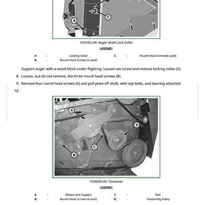 Op de afbeelding: Diagram van mechanische componenten met labels en instructies. Bevat afbeeldingen van een augeras-asvergrendelingskraag en een spanner, met aanduidingen voor schroeven, katrollen en riemen. Tekst geeft stapsgewijze montage- en demontage-instructies.