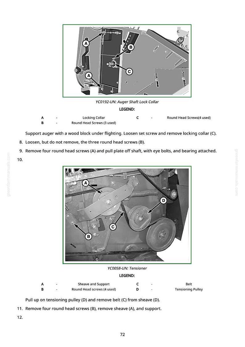 Op de afbeelding: Diagram van mechanische componenten met labels en instructies. Bevat afbeeldingen van een augeras-asvergrendelingskraag en een spanner, met aanduidingen voor schroeven, katrollen en riemen. Tekst geeft stapsgewijze montage- en demontage-instructies.