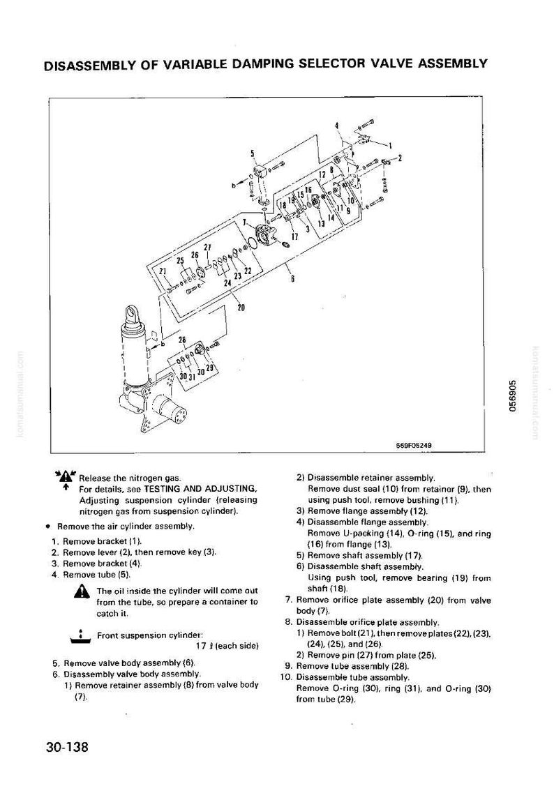 May include: Diagram of a variable damping selector valve assembly, with labels and part numbers. The image includes a detailed breakdown of components, including bolts, plates, and tubes, for disassembly instructions.