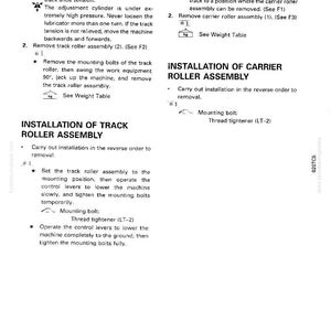 Puede incluir: P&aacute;gina blanca de manual t&eacute;cnico con instrucciones para la extracci&oacute;n e instalaci&oacute;n de conjuntos de rodillos de oruga y rodillos portadores. Incluye diagramas, pasos y advertencias. El texto incluye "Aflojar el lubricador" y "Tensor de rosca (LT-2)".