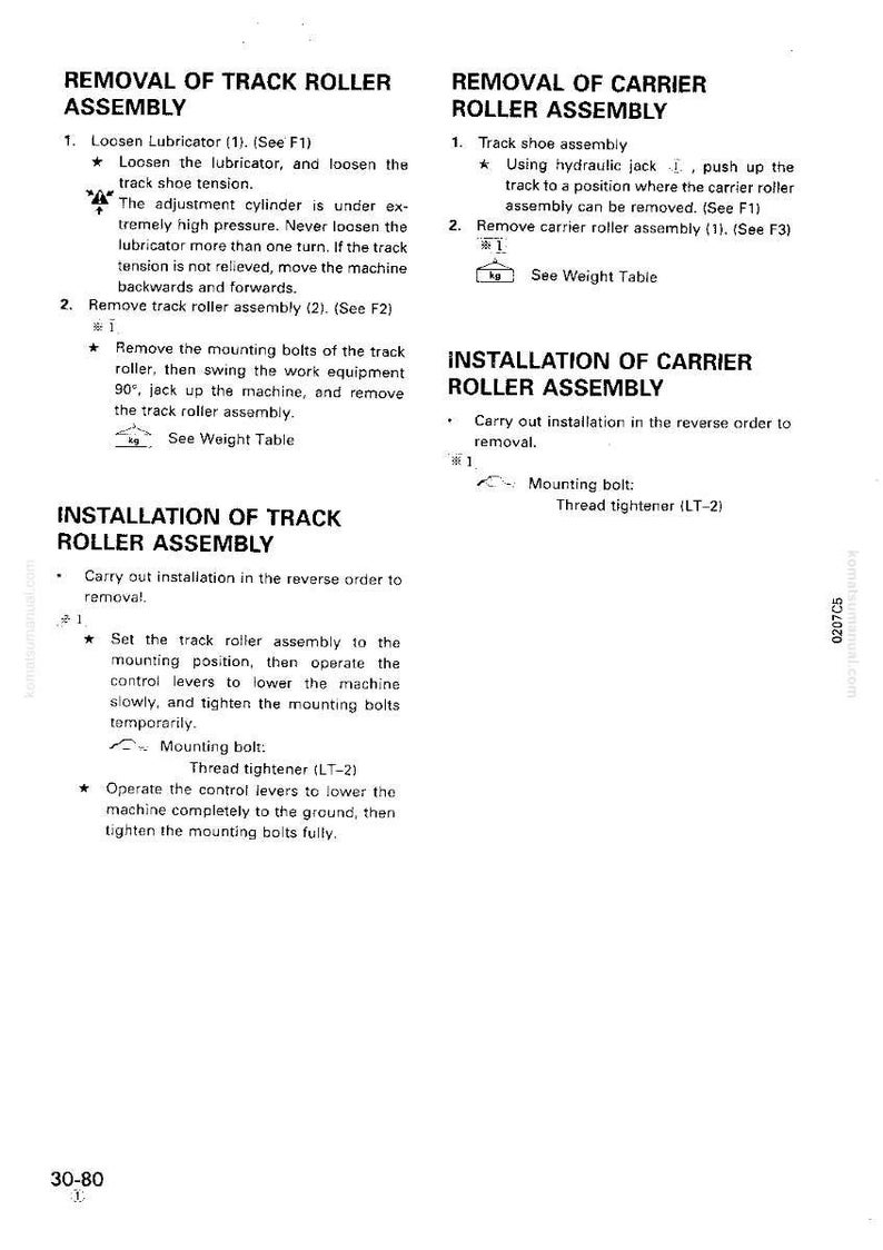 Puede incluir: P&aacute;gina blanca de manual t&eacute;cnico con instrucciones para la extracci&oacute;n e instalaci&oacute;n de conjuntos de rodillos de oruga y rodillos portadores. Incluye diagramas, pasos y advertencias. El texto incluye "Aflojar el lubricador" y "Tensor de rosca (LT-2)".