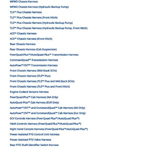 May include: A list of various chassis harnesses, PTO harnesses, and control unit harnesses, with text in a dark blue font on a white background. The list includes options like "Optional Roof Lighting Harness" and "Power Assisted PTO Valve Harness."