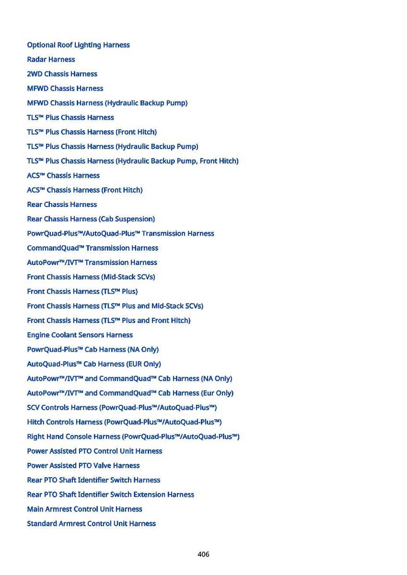 May include: A list of various chassis harnesses, PTO harnesses, and control unit harnesses, with text in a dark blue font on a white background. The list includes options like "Optional Roof Lighting Harness" and "Power Assisted PTO Valve Harness."