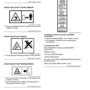 May include: Safety labels with diagrams and text, including warnings about thrown objects, tipping, and rotating blades. The labels also provide information on roll-over protective structures and operator safety.