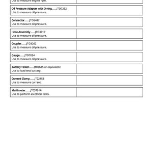 May include: A white page with a list of automotive testing tools. The tools include a spark tester, pulse tachometer, oil pressure adapter, connector, hose assembly, coupler, gauge, battery tester, current clamp, and multimeter.
