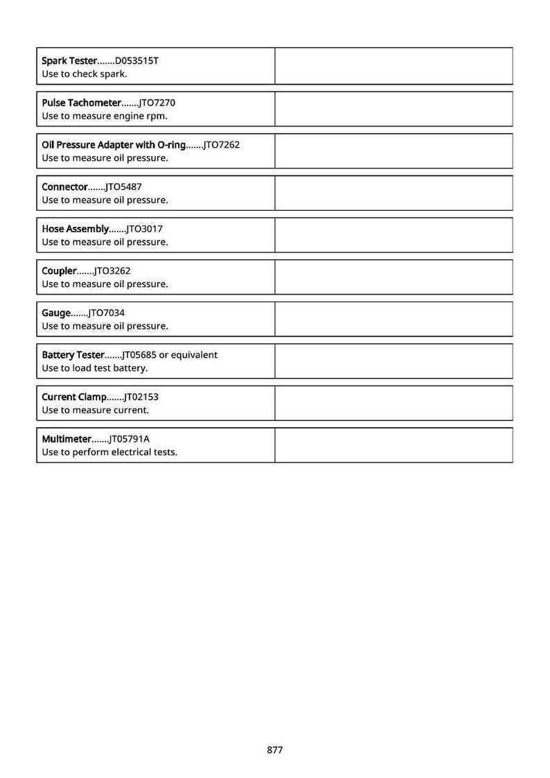 May include: A white page with a list of automotive testing tools. The tools include a spark tester, pulse tachometer, oil pressure adapter, connector, hose assembly, coupler, gauge, battery tester, current clamp, and multimeter.