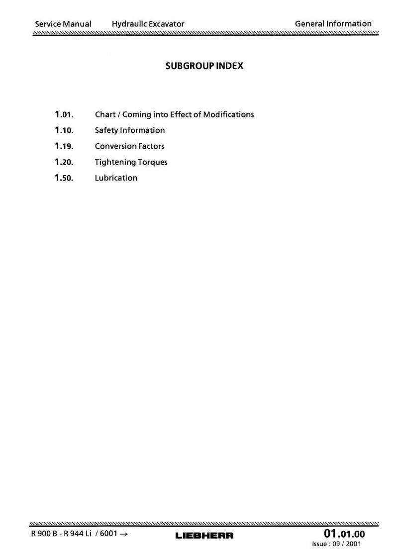 May include: A white page from a service manual for a hydraulic excavator, featuring a "SUBGROUP INDEX." The index lists topics like "Chart/Coming into Effect of Modifications," "Safety Information," and "Lubrication." The Liebherr logo and issue date are at the bottom.
