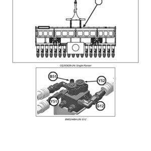May include: Diagram of a row marker solenoid valve, labeled Y51 and Y52. The image includes a detailed illustration of the valve assembly and a diagram of a single planter. Text includes "CQ292828-UN: Single Planter" and "BM024484-UN: G12".