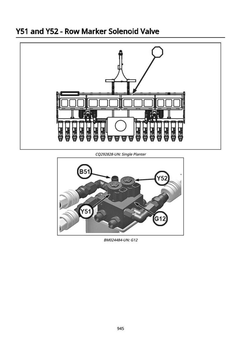 May include: Diagram of a row marker solenoid valve, labeled Y51 and Y52. The image includes a detailed illustration of the valve assembly and a diagram of a single planter. Text includes "CQ292828-UN: Single Planter" and "BM024484-UN: G12".
