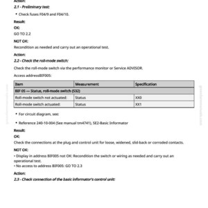May include: A white page with black text detailing diagnostic procedures for a 29-bit CAN BUS system. Includes instructions for checking fuses, roll-mode switches, and connections. The document also contains a table with item measurements and specifications.