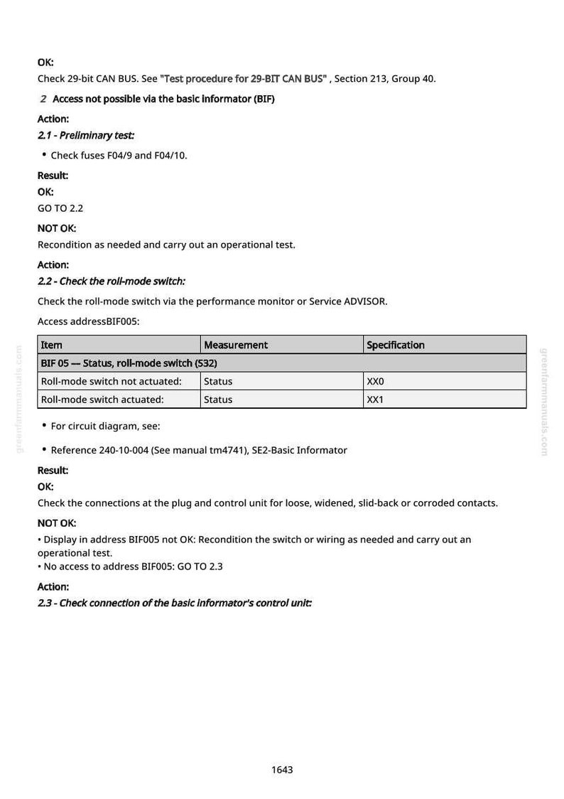 May include: A white page with black text detailing diagnostic procedures for a 29-bit CAN BUS system. Includes instructions for checking fuses, roll-mode switches, and connections. The document also contains a table with item measurements and specifications.