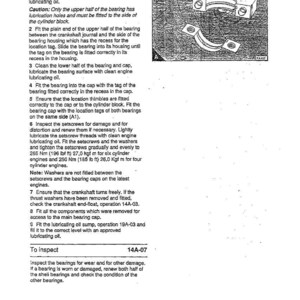 May include: Diagram of a crankshaft assembly, part 14, with a detailed illustration of a bearing and cap. The text provides instructions for fitting and inspecting the components, including torque specifications in Nm and kgf m.