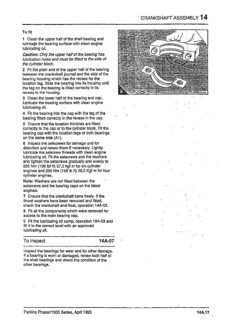 May include: Diagram of a crankshaft assembly, part 14, with a detailed illustration of a bearing and cap. The text provides instructions for fitting and inspecting the components, including torque specifications in Nm and kgf m.