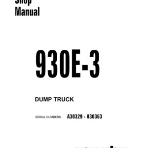 May include: A white shop manual cover with black text. The title "Shop Manual" is at the top, followed by "930E-3" in large bold font. Below, it reads "DUMP TRUCK" and "SERIAL NUMBERS A30329 - A30363". The Komatsu logo is at the bottom.