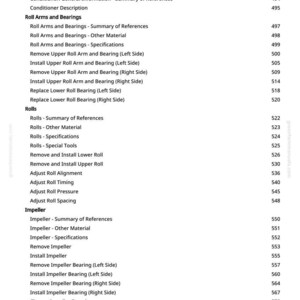 May include: A white page with a detailed table of contents for a manual. The text includes sections on conditioners, roll arms, bearings, rolls, impellers, and platform information, with corresponding page numbers.