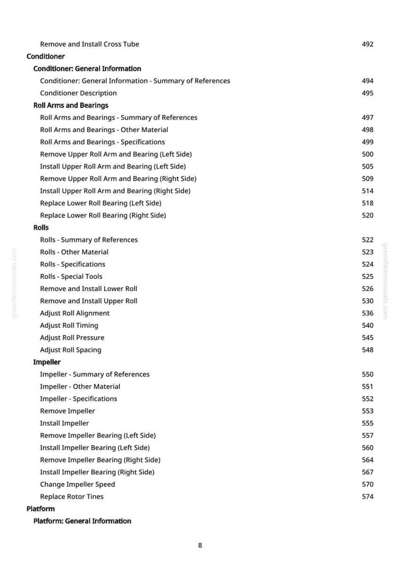 May include: A white page with a detailed table of contents for a manual. The text includes sections on conditioners, roll arms, bearings, rolls, impellers, and platform information, with corresponding page numbers.