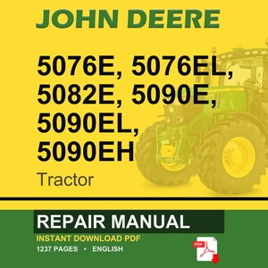 May include: A digital repair manual for John Deere tractors. The image features a green and yellow tractor with the text "JOHN DEERE" at the top. Below the text are the tractor model numbers: 5076E, 5076EL, 5082E, 5090E, 5090EL, and 5090EH.