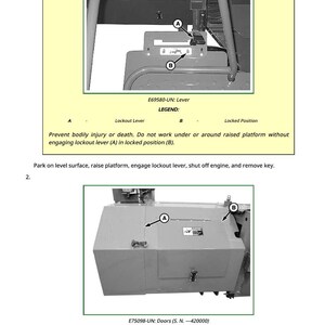May include: Diagram of machinery components with labels A and B, including a lockout lever and doors. Text includes a caution notice and instructions for safe operation, emphasizing safety procedures.