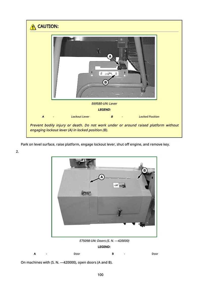 May include: Diagram of machinery components with labels A and B, including a lockout lever and doors. Text includes a caution notice and instructions for safe operation, emphasizing safety procedures.